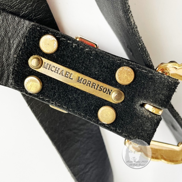 Michael Morrison Belt Embellished Gold Rhinestones Black Suede Leather Vintage